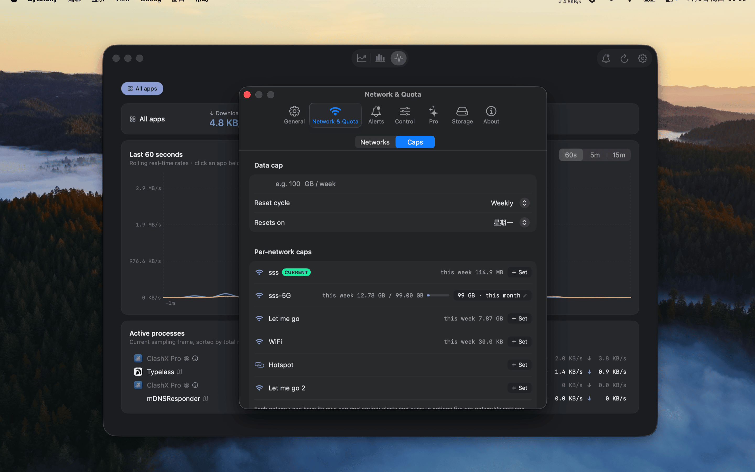 Bytetally live view with real-time upload and download graph